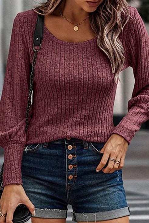 Ribbed Bishop Sleeve Round Neck Top
